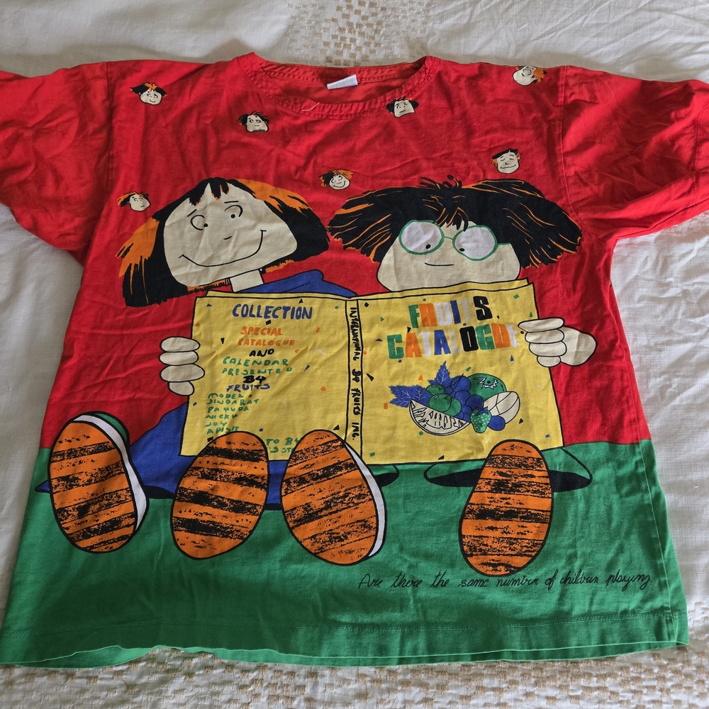 Vintage 90s Fruits Cartoon Graphic Red and Green Women's Tee
